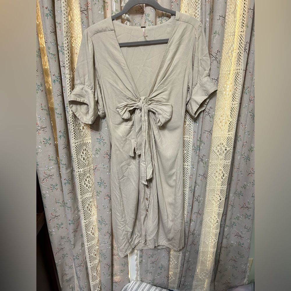 Free People Vintage Summer Neutral Tie Front Midi Dress Small Boho Linen EUC - Picture 2 of 10